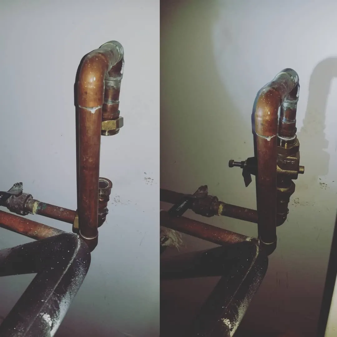 Before and after of a copper line where a pressure reducing valve was replaced