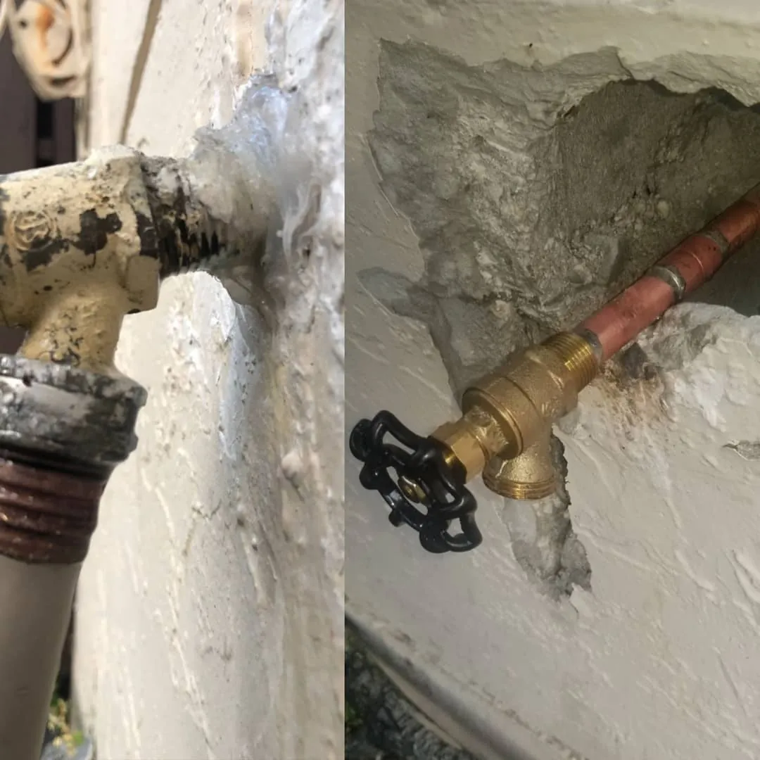 Before and after: a corroded hose bib on a stucco wall replaced with a new brass hose bib on copper