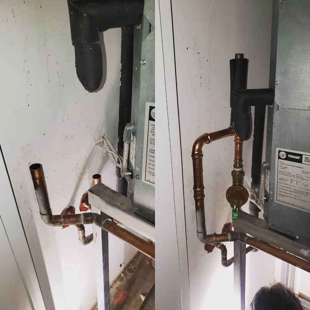 Before and after of a 1-inch pressure reducing valve installed on copper lines in a high-rise unit